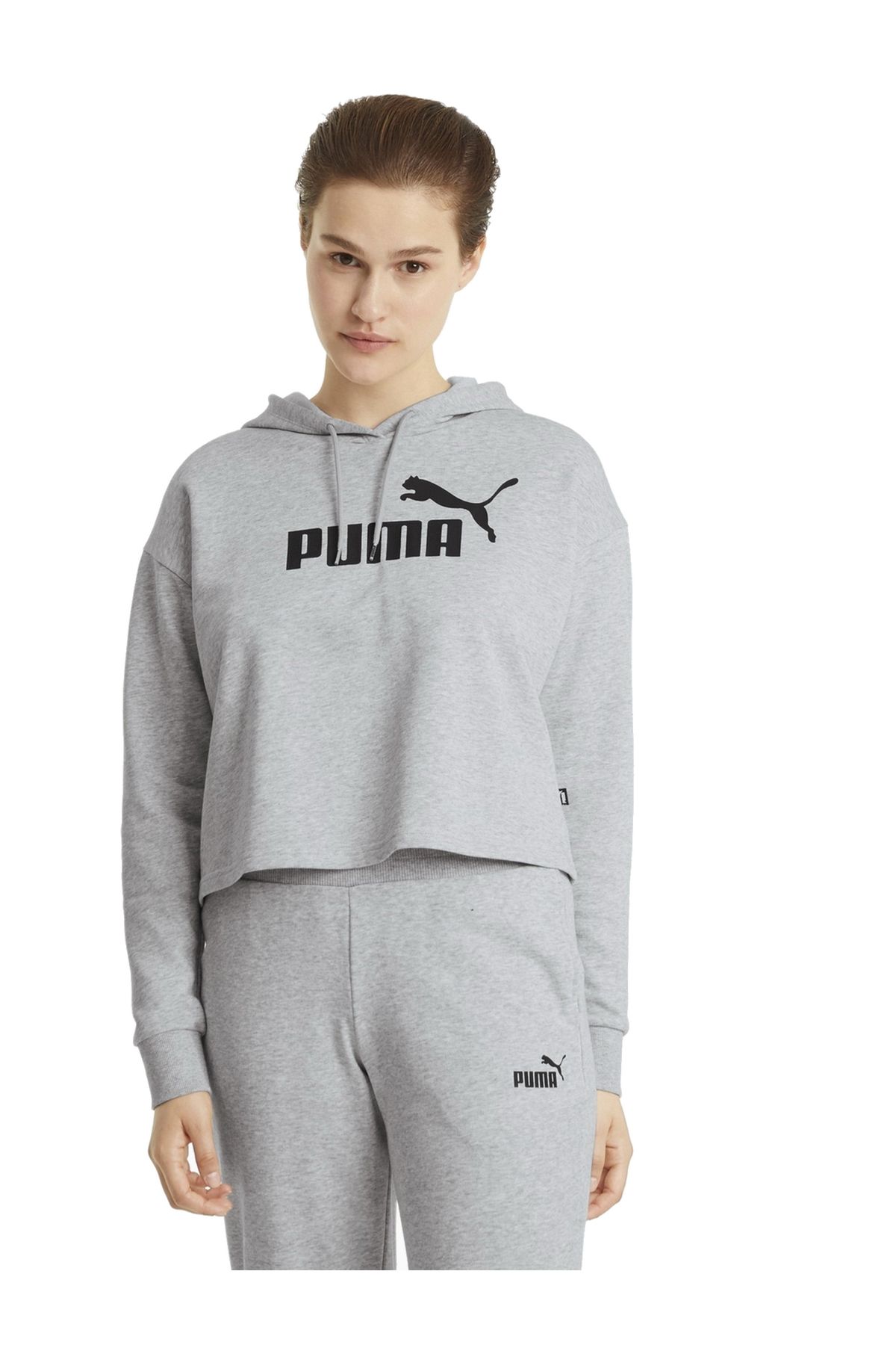 Puma ESS Cropped Logo Hoodie TR Light Gray Heather Bayan Sweatshirt Gri 58687004