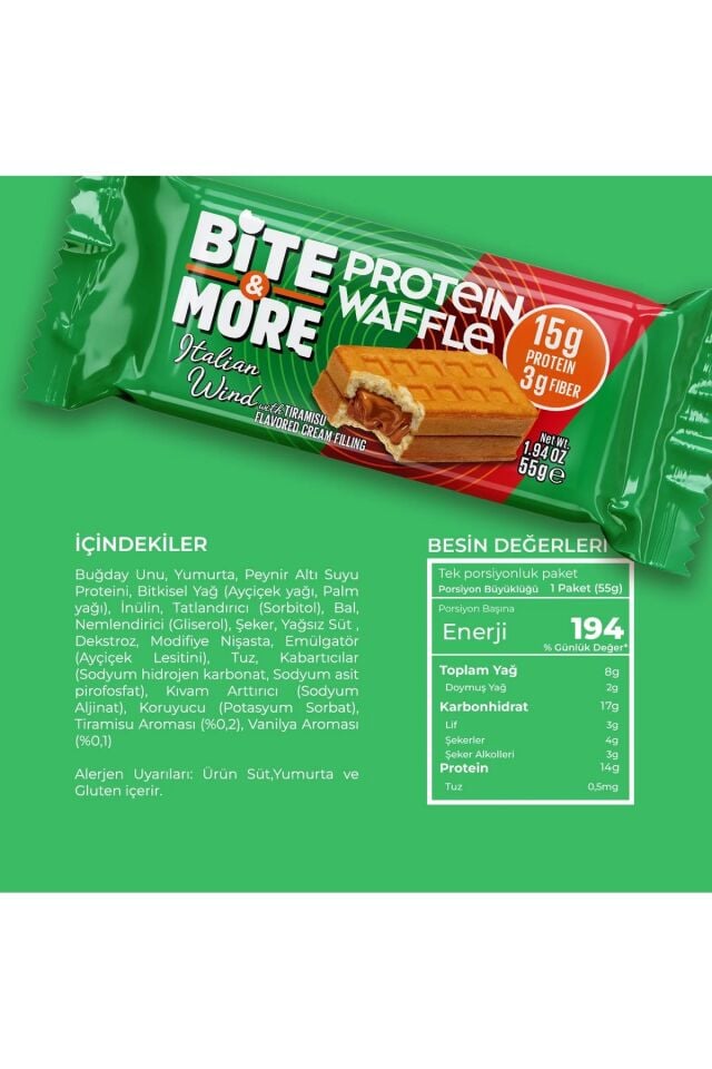 Bite & More Protein Waffle İtalyan Rüzgarı Tiramisu Aromalı 55gr x 12 Adet