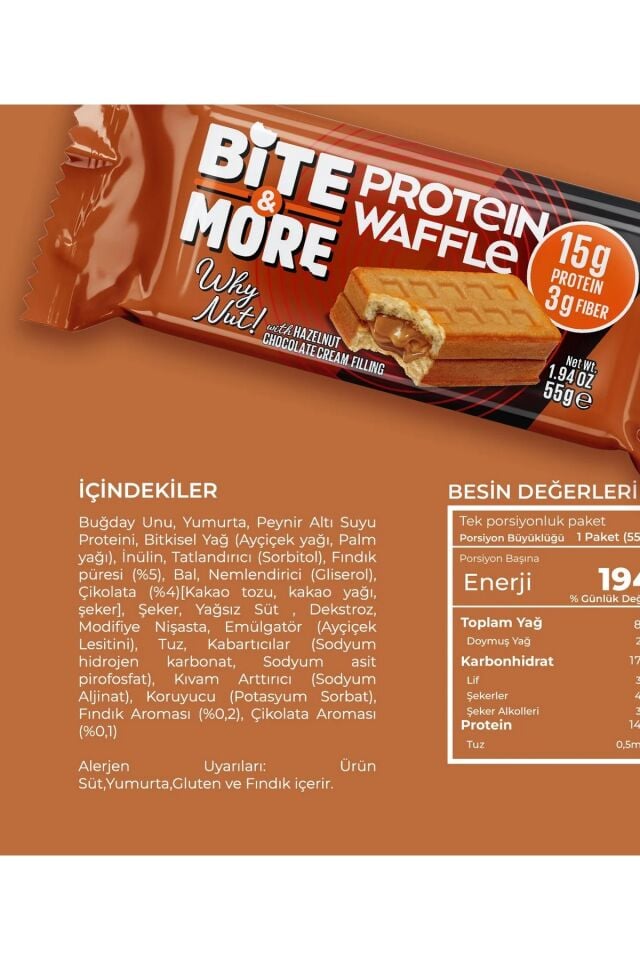 Bite & More Protein Waffle Fındık Rüyası Fındık Çik. Aromalı 55gr x 12 Adet