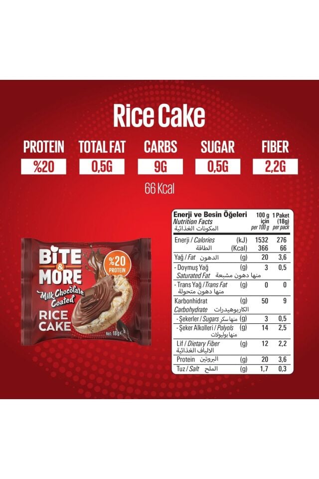 Bite & More Protein Rice Cake Sütlü Çikolata Aromalı Pirinç Patlağı 18gr x 24 Adet
