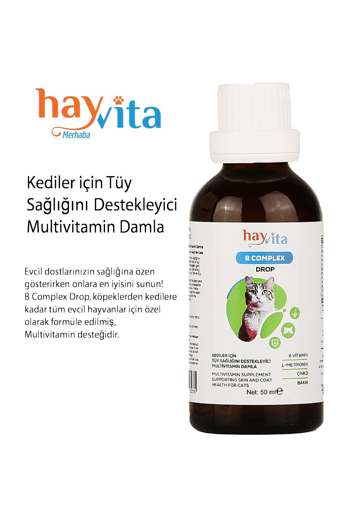 Hayvita B Kompleks Kedilerin Tüy Sağlığını Destekleyici Multivitamin Damla (Fenni Yem) 50ml