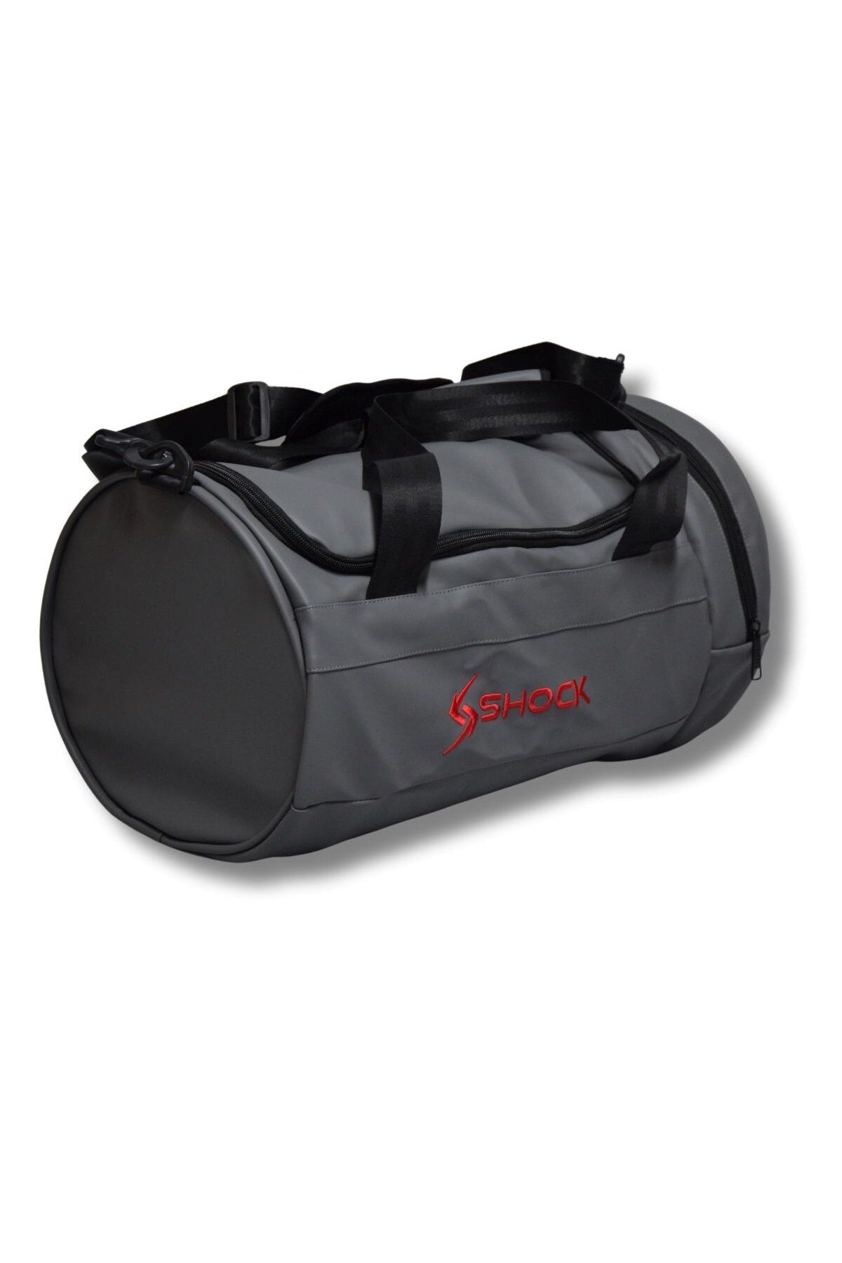 Shock Bag Silindir PU Deri Fitness Spor Çanta Gri/Kırmızı Logo