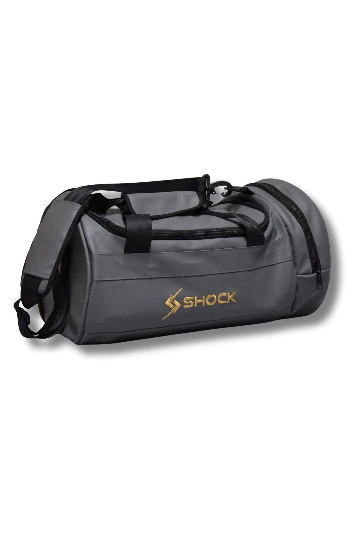 Shock Bag Silindir PU Deri Fitness Spor Çanta Gri/Altın Logo