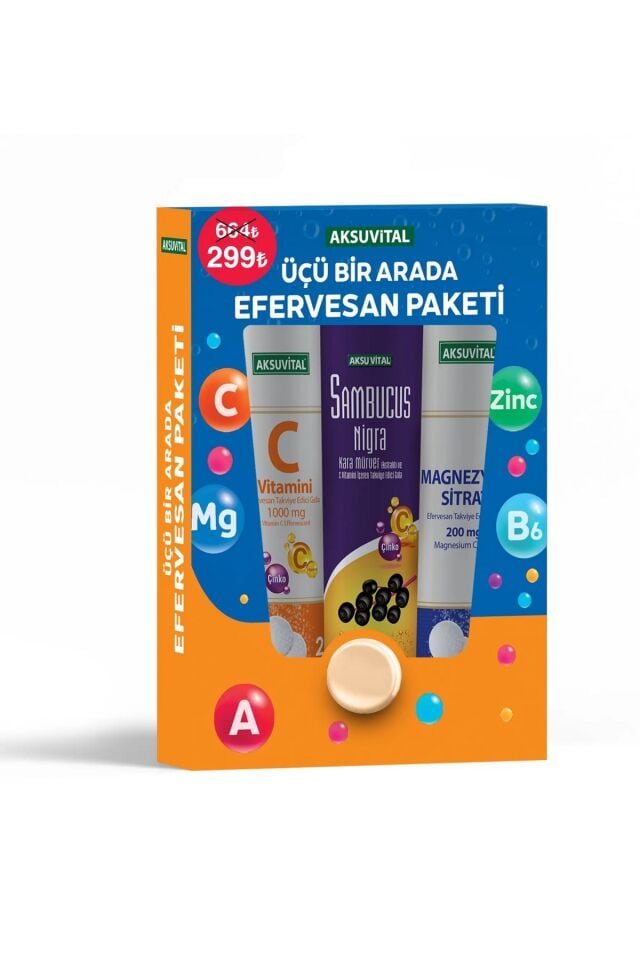 Aksuvital Efervesan 3lü Set Magnezyum + Sambucus + C Vitamini 20 Tablet