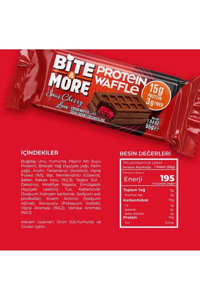 Bite & More Protein Waffle Vişne Aşkı Vişne Aromalı 55gr x 12 Adet