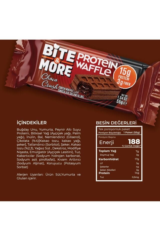 Bite & More Protein Waffle Çikolata Tutkusu Çikolata Aromalı 55gr x 12 Adet