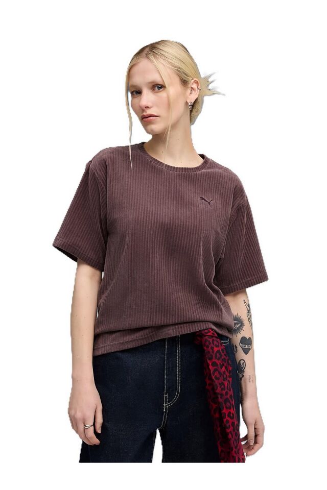 Puma Ess Elevated Velour Tee Bayan Kısa Kol Tişört Gül Kurusu 68810688 XL