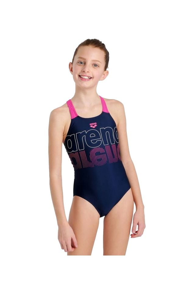 Arena Girl's Swimsuit V Back Graphic Kız Çocuk Yüzücü Mayo Mavi 005538780
