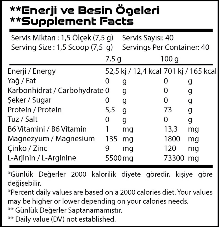 Shock Nutrition Arginine HCL + ZMA Yeşil Limon 300g 40 Servis