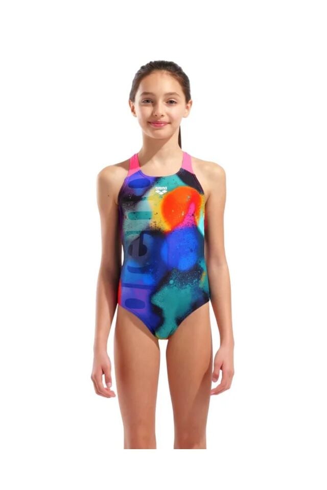 Arena Girl's Spray Paint Swimsuit Swim Pro Back Kız Çocuk Yüzücü Mayo Pembe/Siyah 010286590