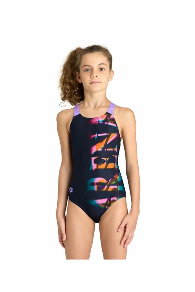 Arena Girls Prism Swimsuit V Back Print Kız Çocuk Yüzücü Mayo Siyah/Desenli 005996590