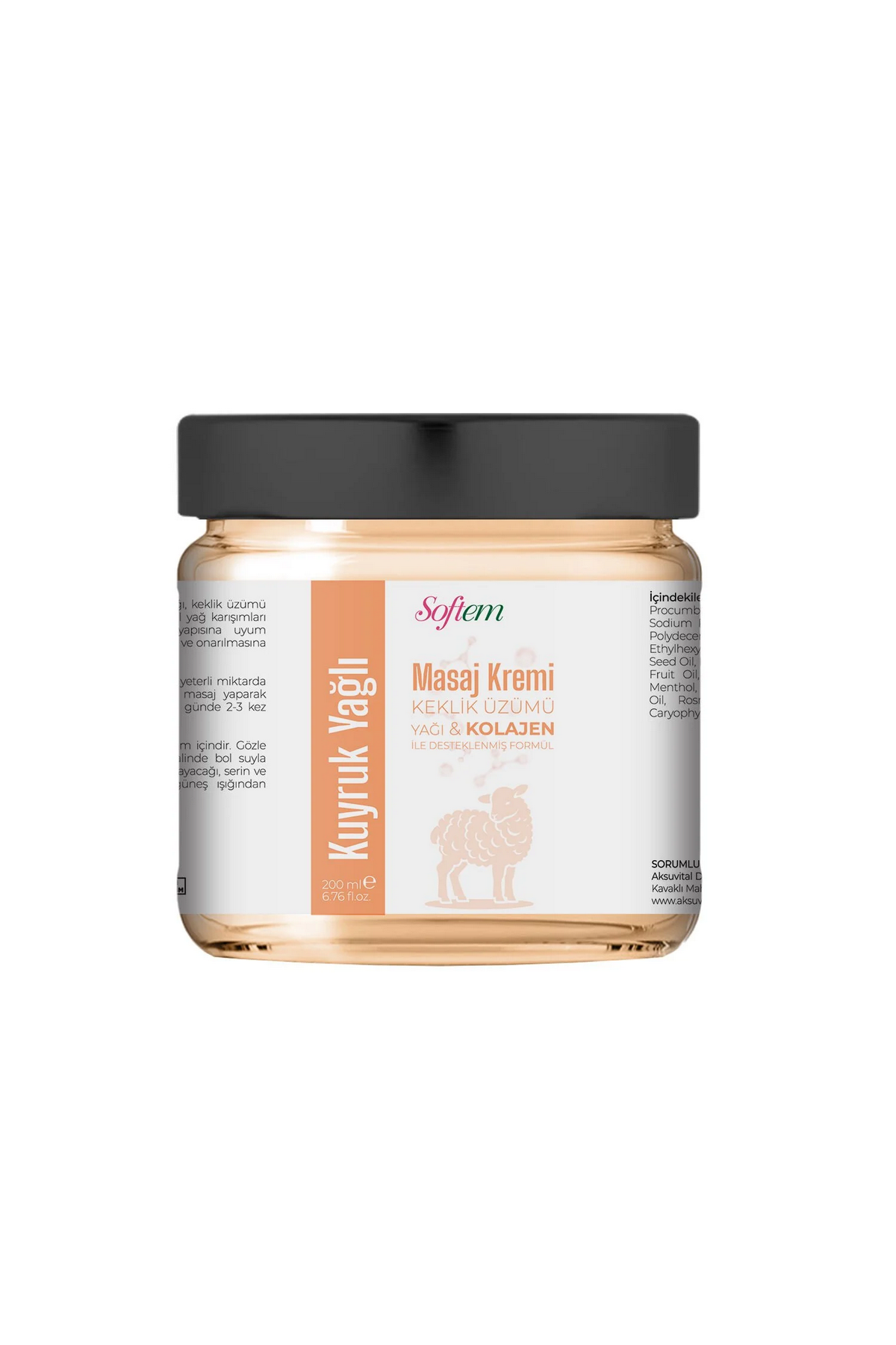 AksuVital Softem Kuyruk Yağlı Masaj Kremi Keklik Üzümü Yağı + Kolajen 200 ml