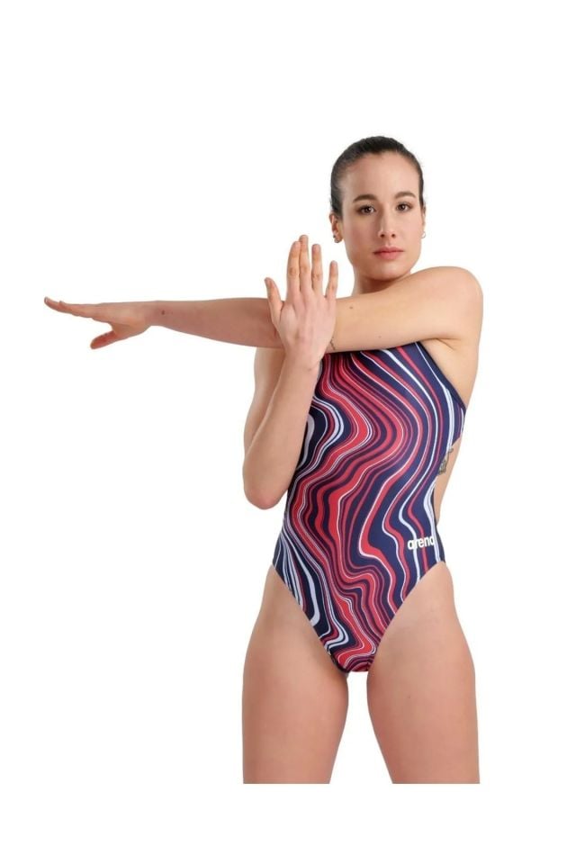 Arena Women's SwimSuit Challenge Back Marbled Bayan Yüzücü Mayo Desenli Mavi 005562740