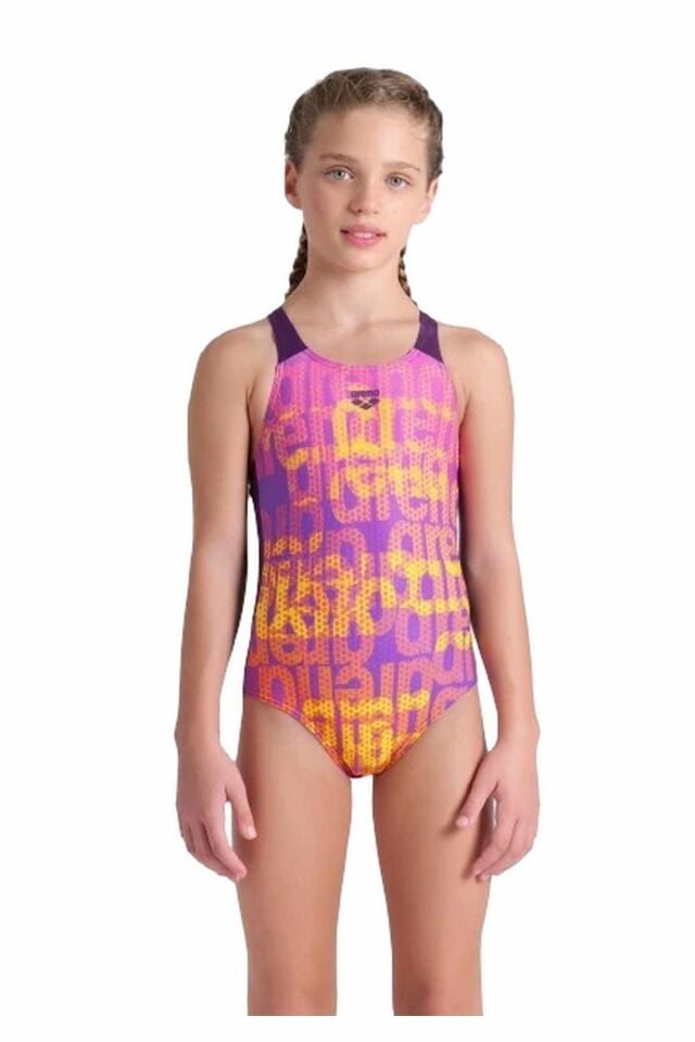 Arena Girl's Arena Multi Colours Swimsuit V Back Kız Çocuk Mayo Mor/Renkli 009007909