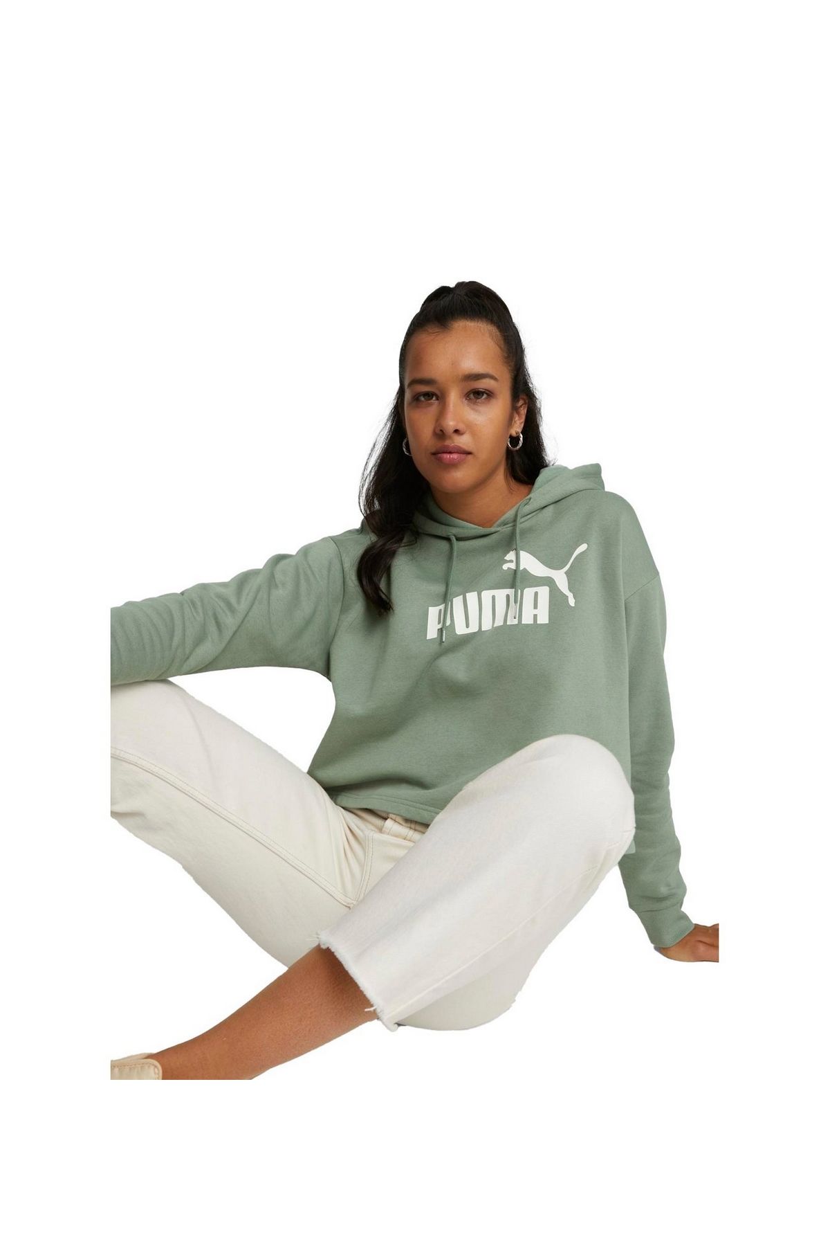 Puma ESS Cropped Logo Hoodie FL Eucalyptus Bayan Kapüşonlu Sweatshirt Yeşil 58686948