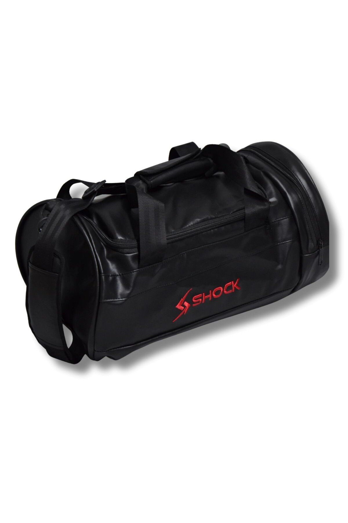 Shock Bag Silindir PU Deri Fitness Spor Çanta Siyah/Kırmızı Logo