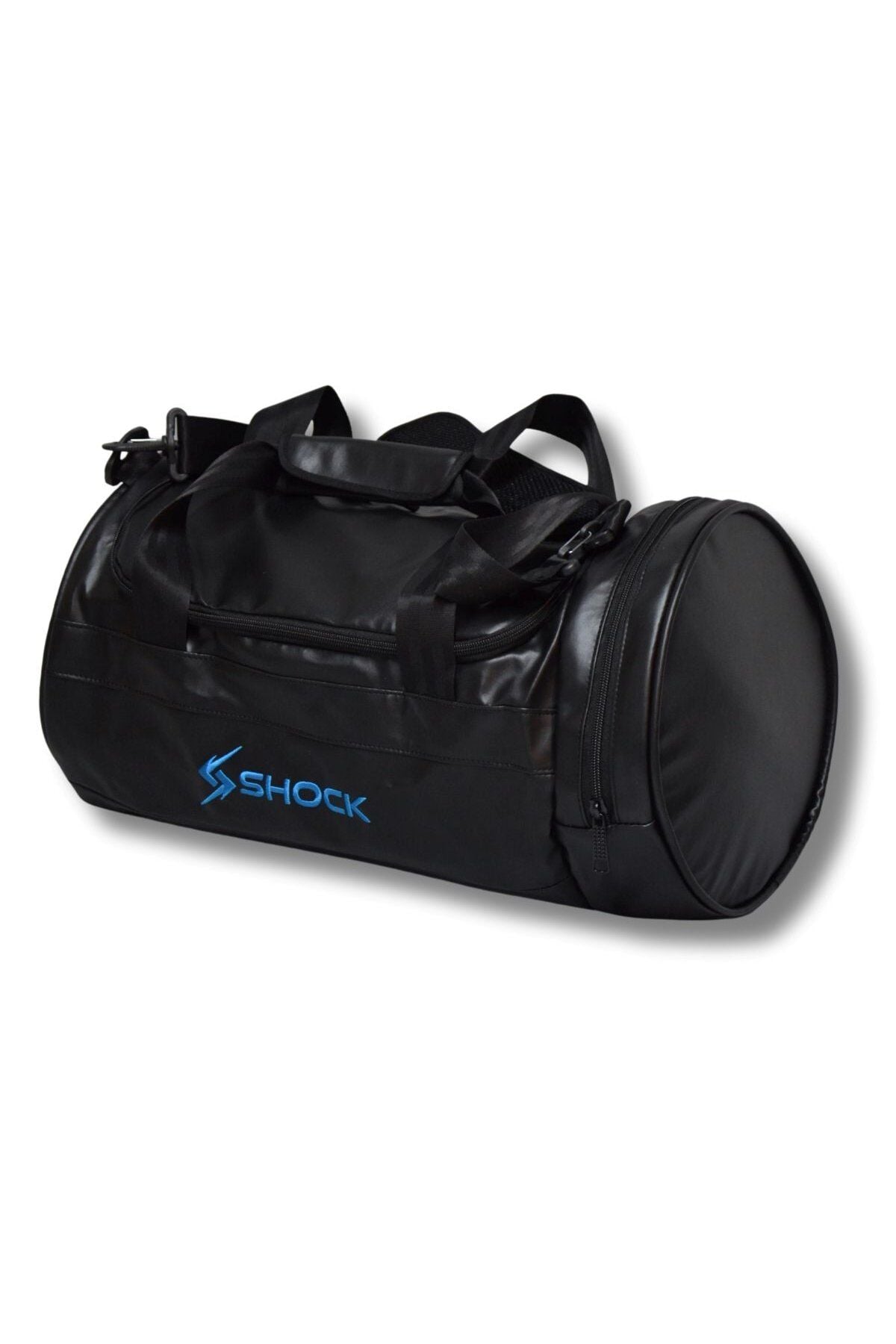 Shock Bag Silindir PU Deri Fitness Spor Çanta Siyah/Mavi Logo