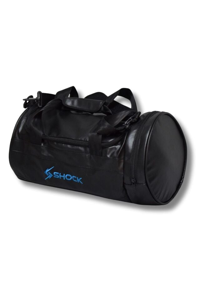 Shock Bag Silindir PU Deri Fitness Spor Çanta Siyah/Mavi Logo