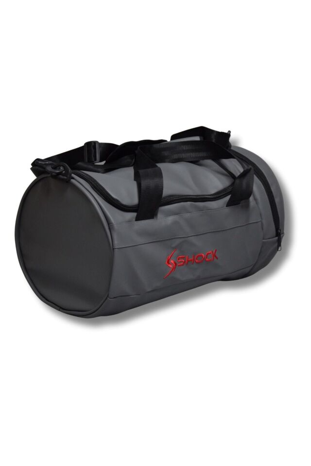 Shock Bag Silindir PU Deri Fitness Spor Çanta Gri/Kırmızı Logo