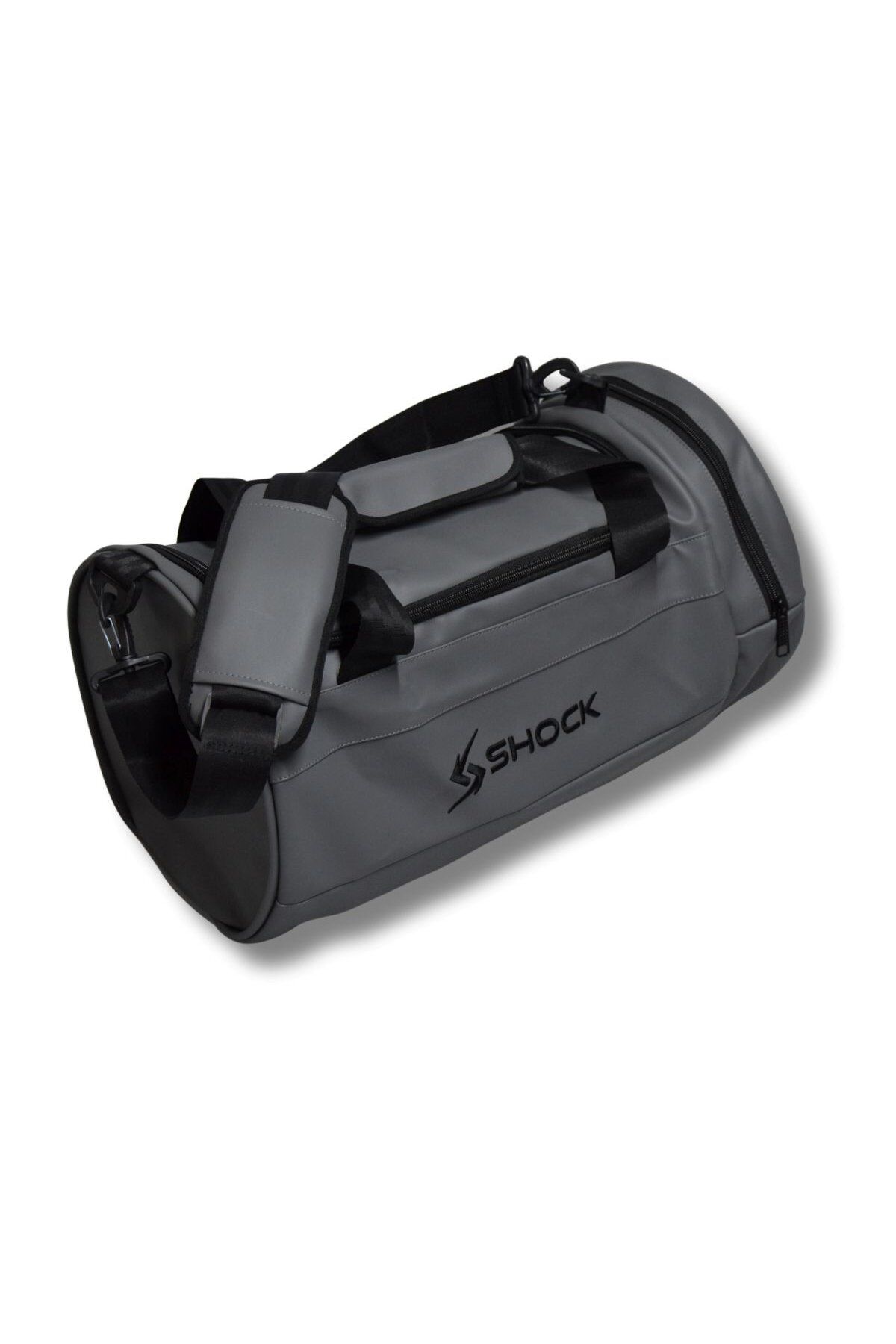 Shock Bag Silindir PU Deri Fitness Spor Çanta Gri/Siyah Logo