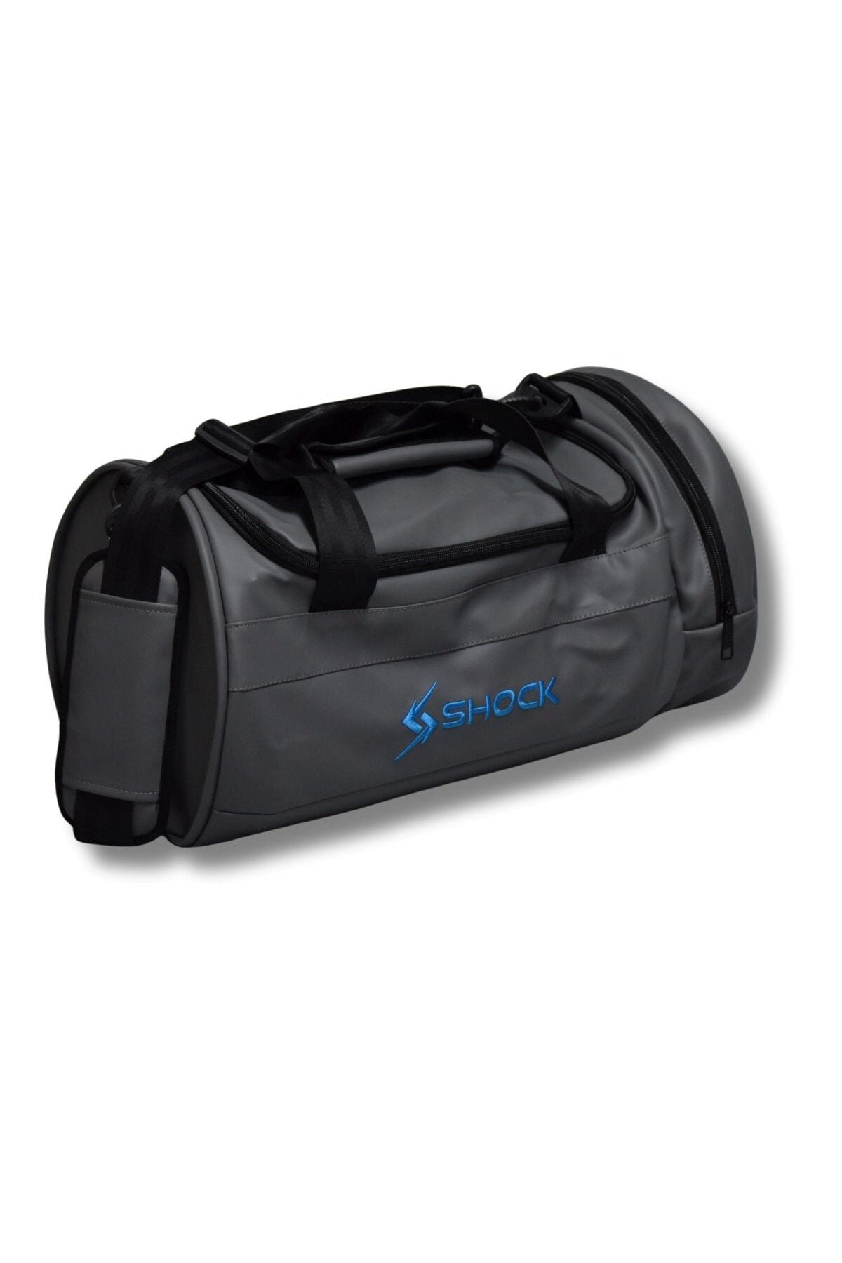 Shock Bag Silindir PU Deri Fitness Spor Çanta Gri/Mavi Logo