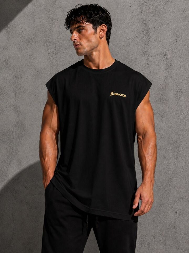 Shock Sportswear (Büyük Beden) Günlük Kesik Kol Tişört (M) Siyah Metalik Gold Logo