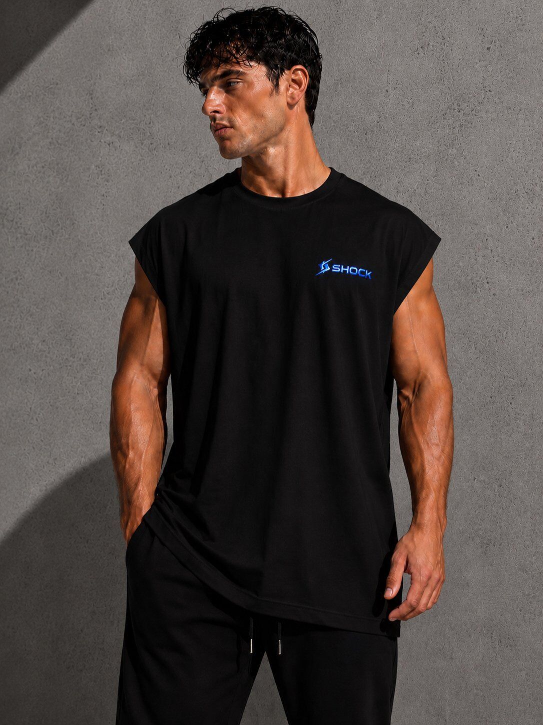 Shock Sportswear (Büyük Beden) Günlük Kesik Kol Tişört (L) Siyah Metalik Mavi Logo