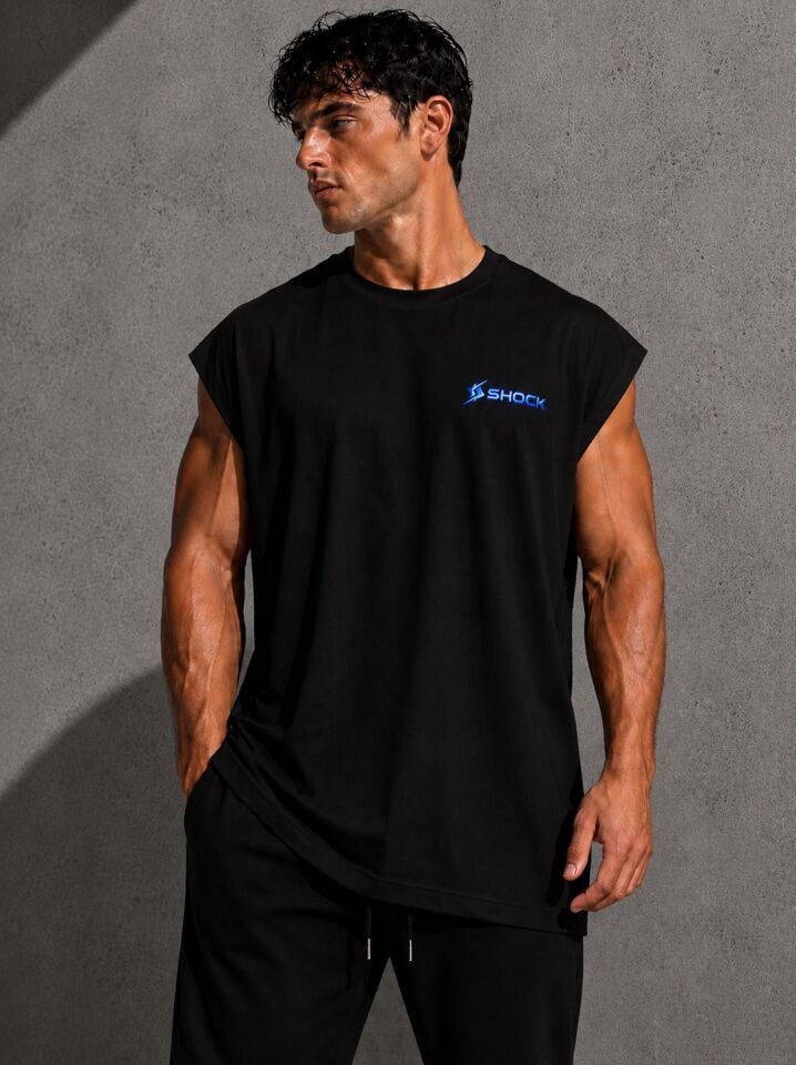 Shock Sportswear (Büyük Beden) Günlük Kesik Kol Tişört (L) Siyah Metalik Mavi Logo