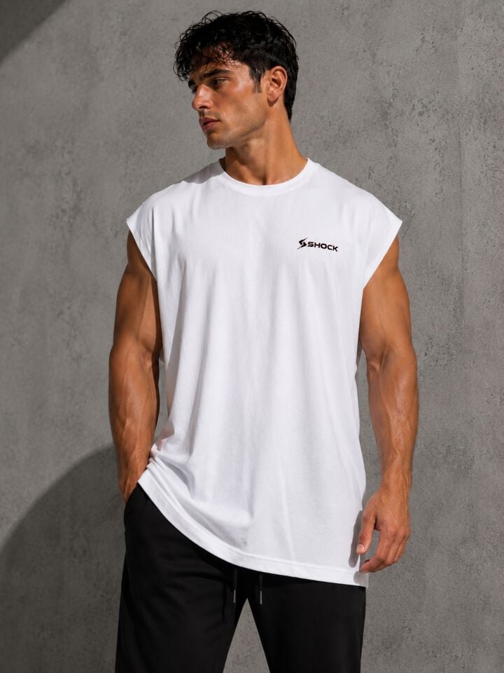 Shock Sportswear (Büyük Beden) Günlük Kesik Kol Tişört (L) Beyaz Metalik Siyah Logo