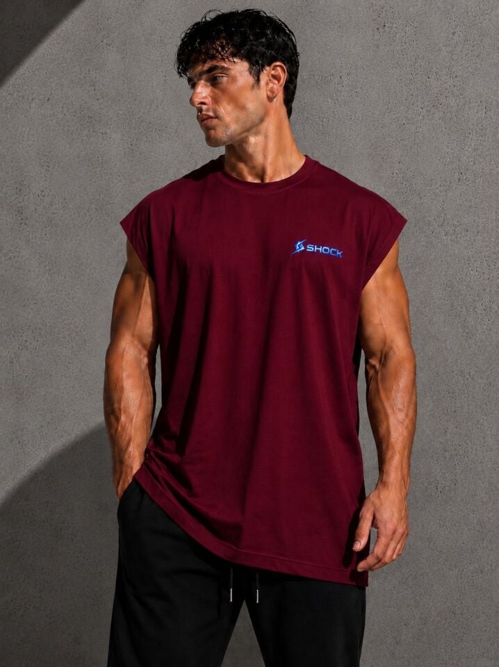 Shock Sportswear (Büyük Beden) Günlük Kesik Kol Tişört (L) Bordo Metalik Mavi Logo