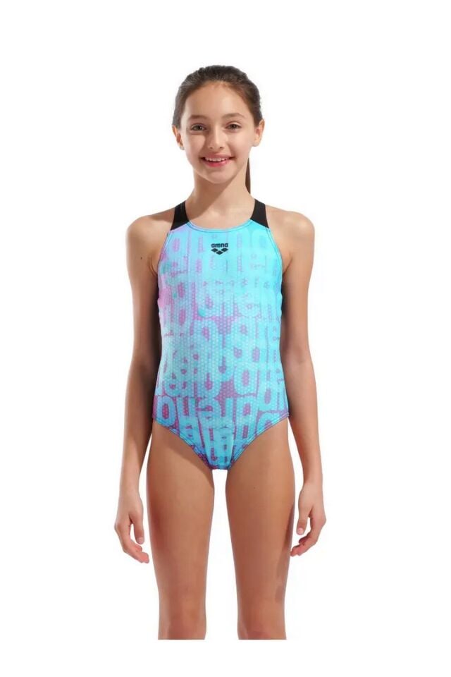 Arena Girl's Multi Colours Swimsuit V Back Kız Çocuk Yüzücü Mayo Siyah/Desenli 009007509