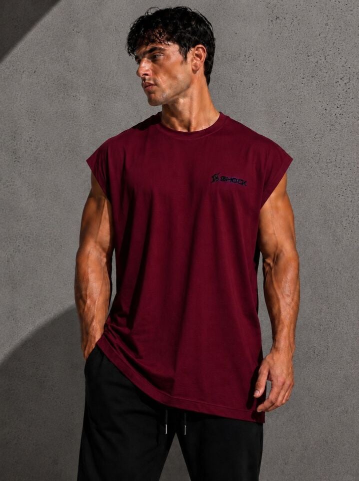 Shock Sportswear (Büyük Beden) Günlük Kesik Kol Tişört (XL) Bordo Metalik Siyah Logo