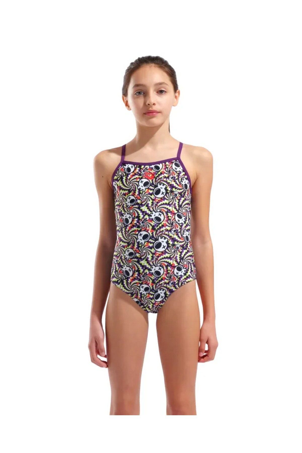 Arena Girl's Fun Skulls Swimsuit Lightdrop Back Kız Çocuk Yüzücü Mayo Mor/Desenli 010284590 12-13