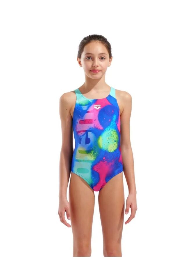 Arena Girl's Spray Paint Swimsuit Swim Pro Back Kız Çocuk Yüzücü Mayo Pembe/Lacivert 010286740